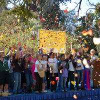International Day of Peace 2007 People throwing rose petals in the air from a stage