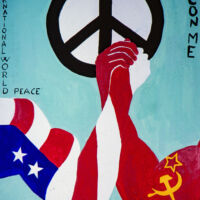 Italy 1991 arm wrestling between American and USSR flag: world peace messages