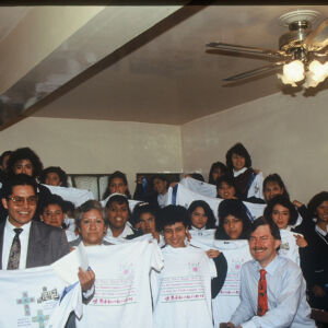 Mexico City 1989 Children and adults wearing white and holding art