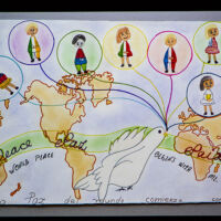 Mexico City a world map where a white dove is holding balloons with people of different nations