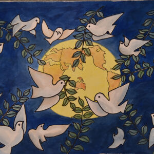 International Friendship Program China 2 white doves holding olive branches and flying around the plenet Earth