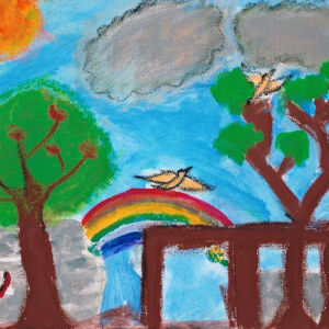International Friendship Program Israel-Palestine School childrens art of birds, rainbow blue sky and green trees